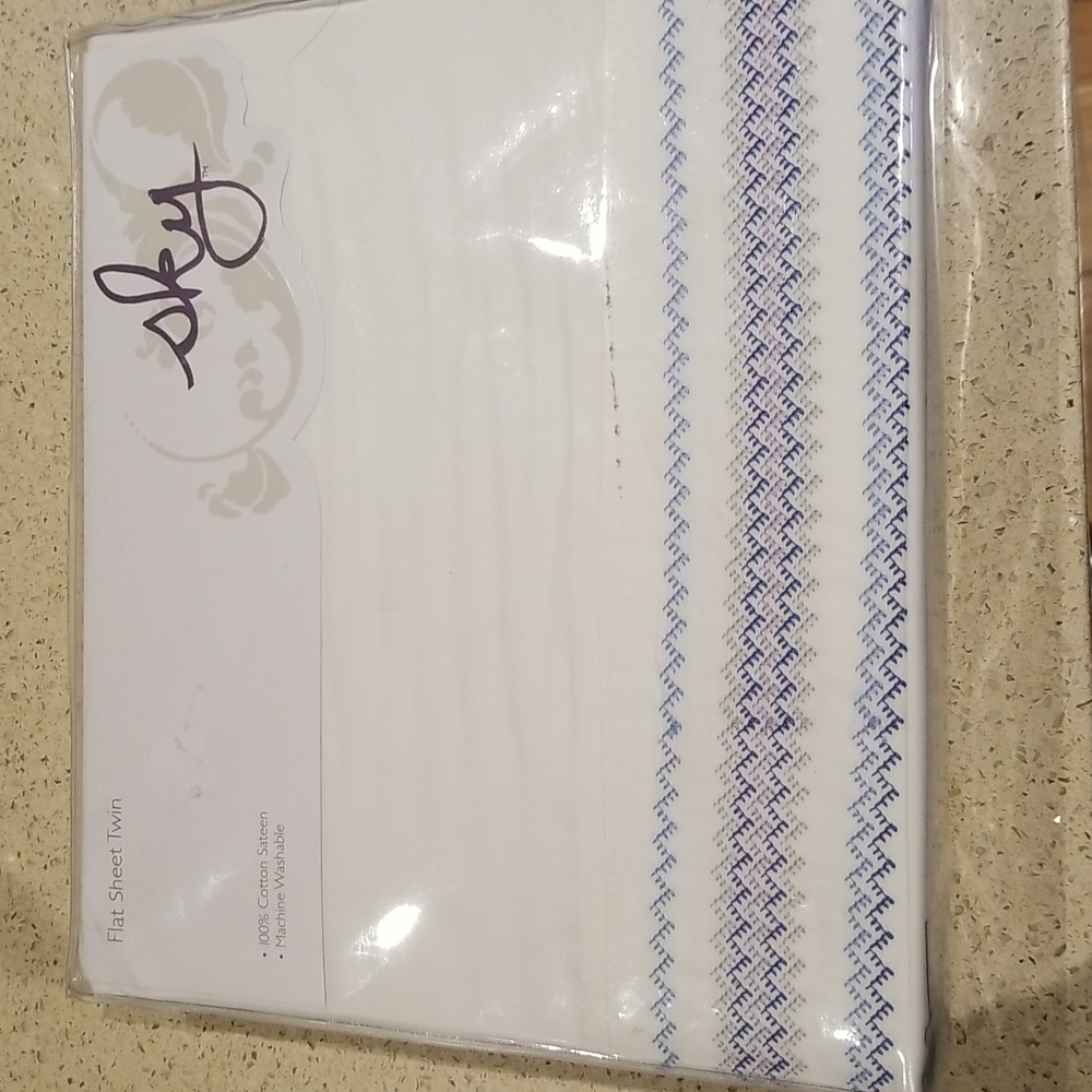Sky Chevron Embroidered Flat Sheet white NWTS